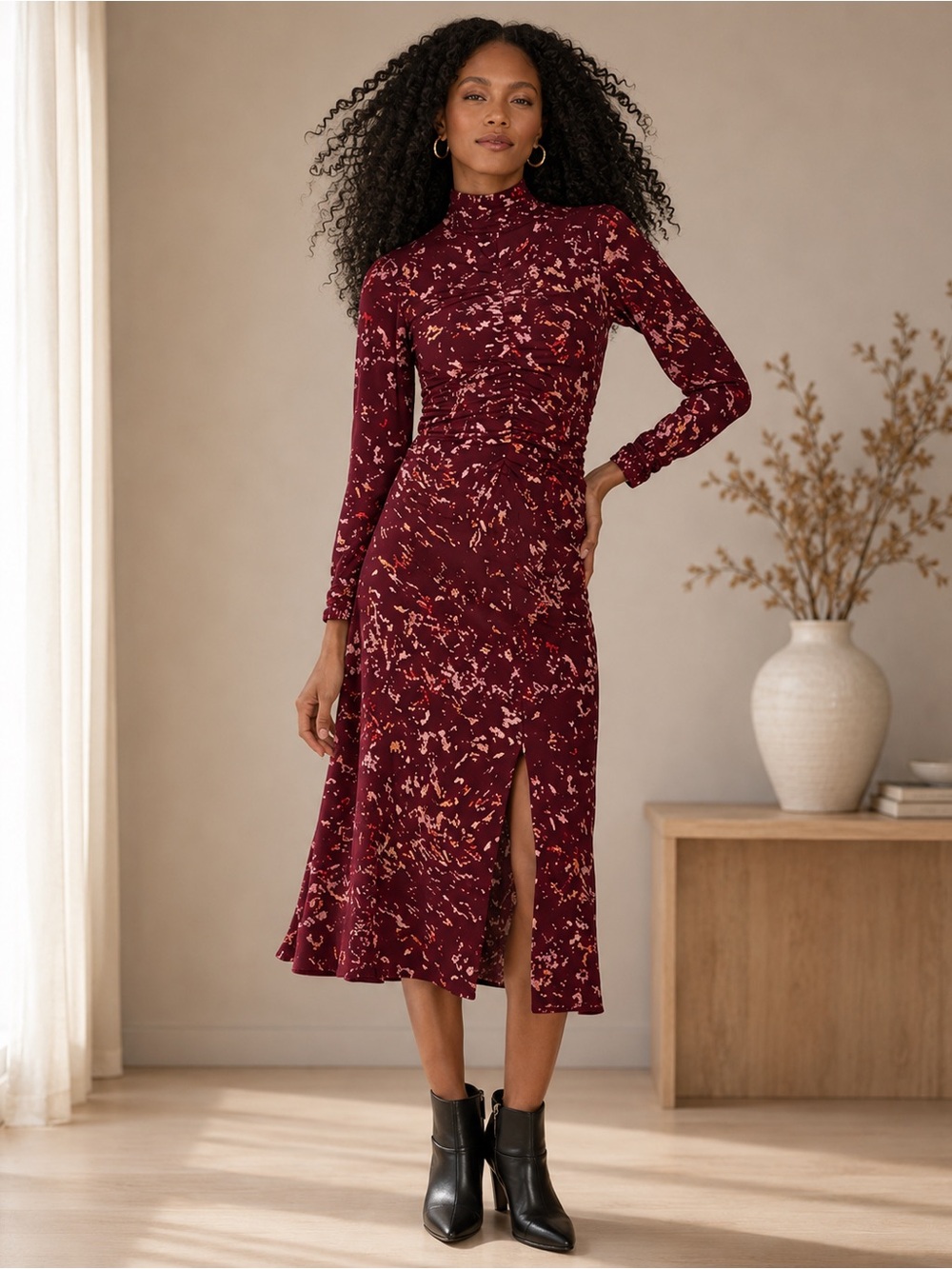BCBGMAXAZRIA Women's Burgundy Floral Print Mock Neck Ruched Midi Dress Size 4 NW
